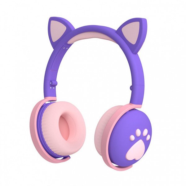 Wholesale Cat Ear and Paw LED Bluetooth Headphone Headset with Built in Mic, Luminous Light, Foldable, 3.5mm Aux In for Adults Children Home School (Purple)